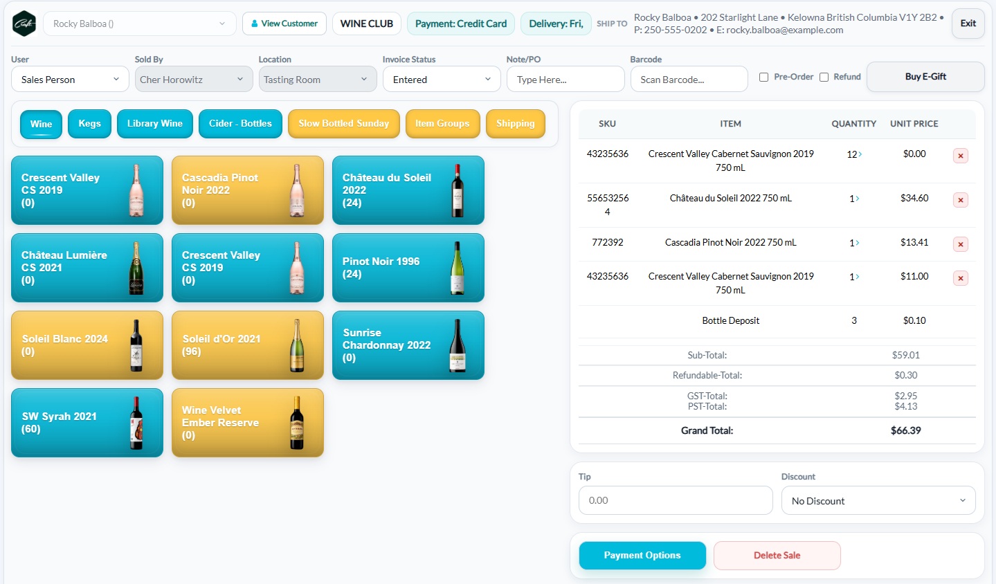 QUALO tasting room POS showing wine product buttons, order items, deposits, taxes and payment options