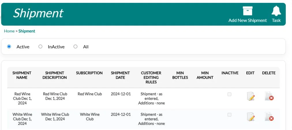 Club shipment list in QUALO with shipment dates and customer editing rules