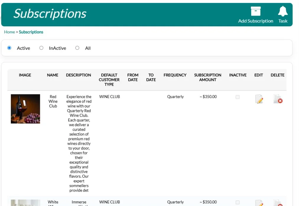 Wine club subscription setup in QUALO showing club, frequency and amount