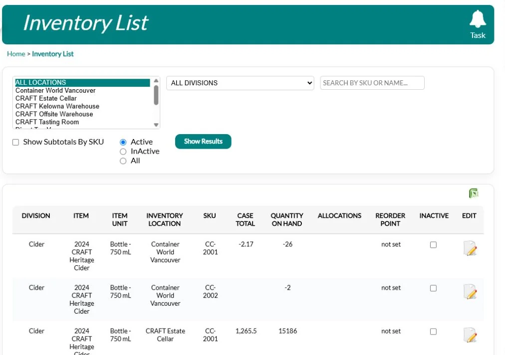 QUALO inventory list showing cider stock by location with reorder points