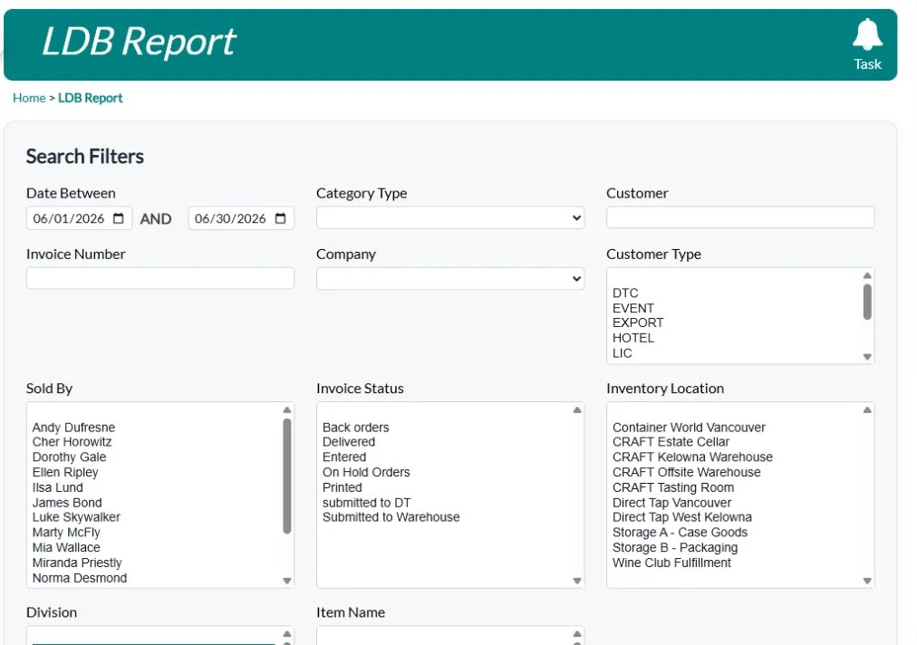 BC LDB report filters in QUALO