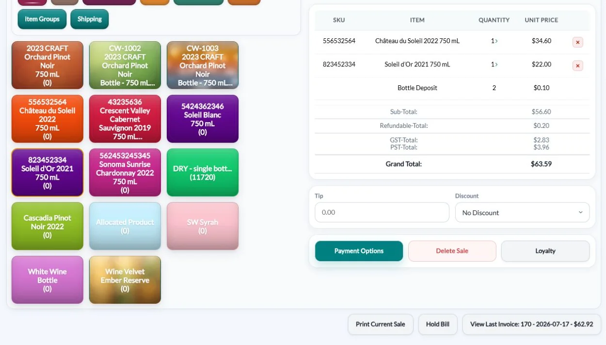 QUALO point of sale checkout screen with product buttons, cart and totals