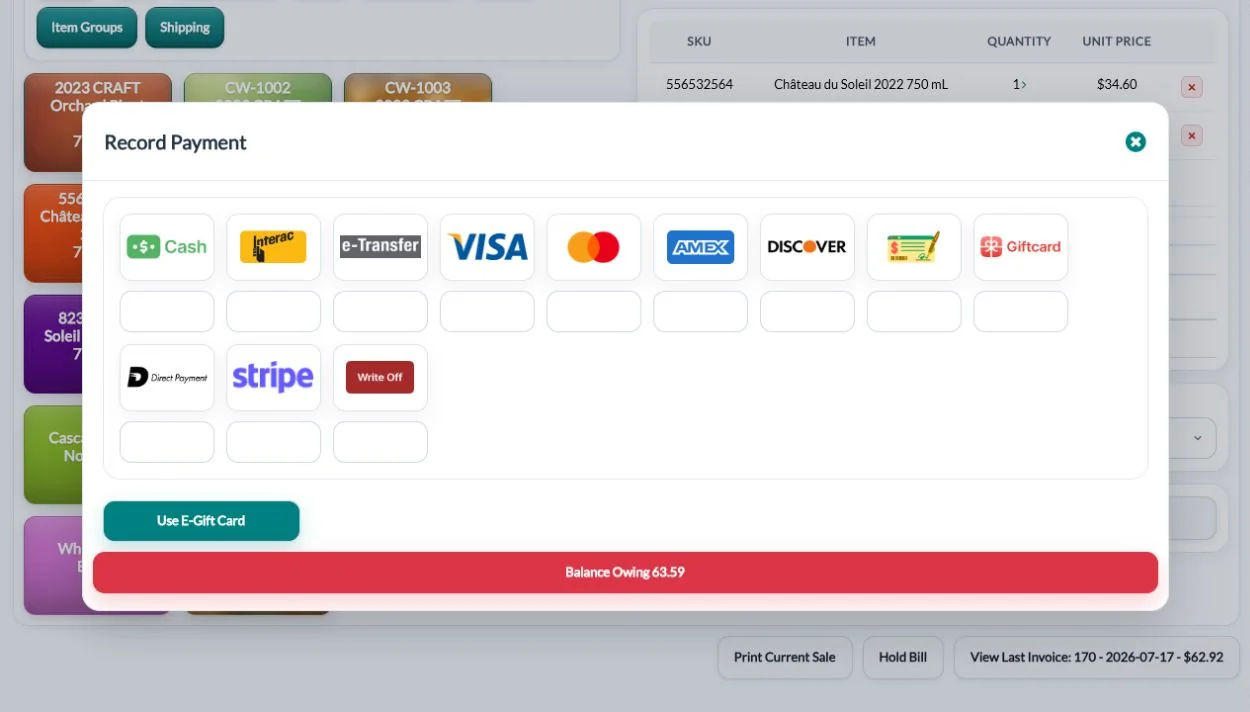 QUALO POS payment screen with cash, card, e-transfer and gift card options