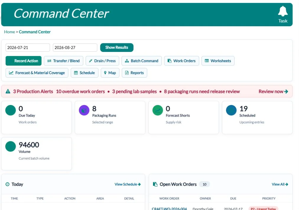 QUALO production command center with work orders, lab samples and packaging runs