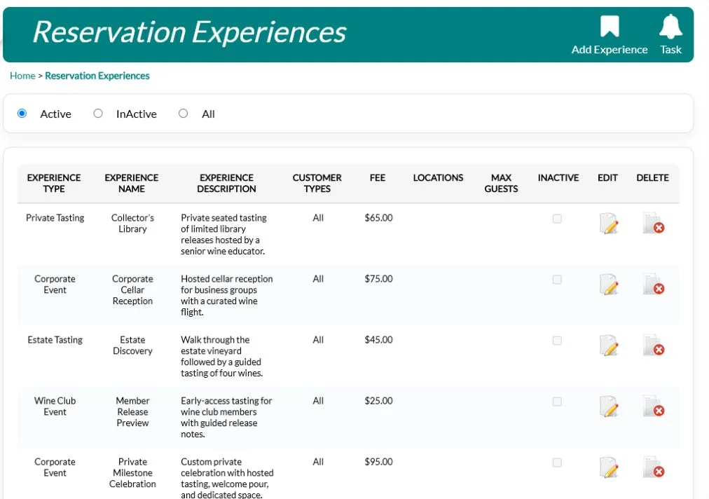 Tasting experiences set up in QUALO with fees and guest limits
